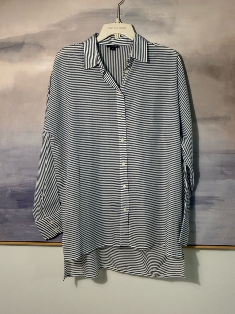 Ann Taylor Striped Oversize‎ Button-Down Shirt - Grey & White Vertical